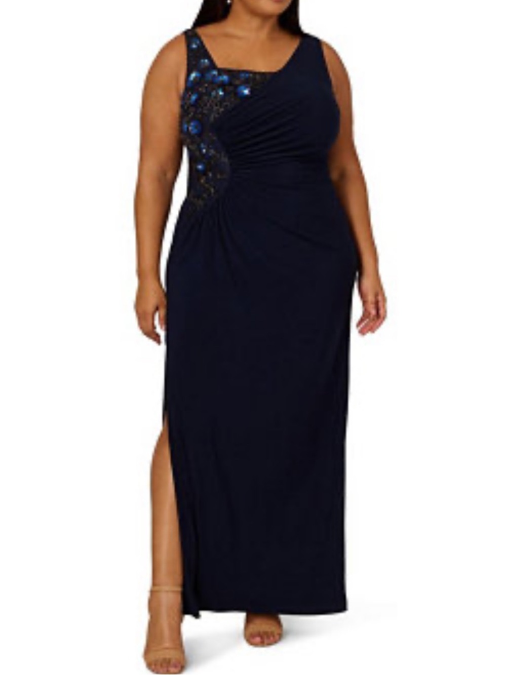 Adrianna Papell Navy Maxi Dress with Blue Beaded Floral Accent 24 W new w tags